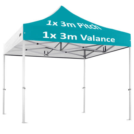 A lightweight, custom heavy-duty aluminium marquee in turquoise with a white frame, featuring a peaked roof design.