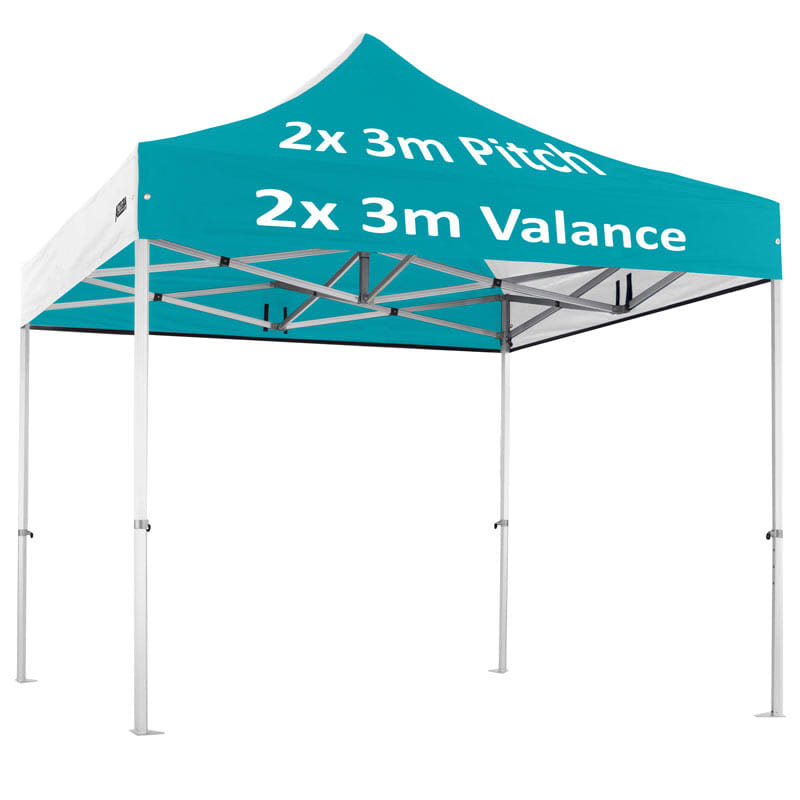 A 3x3m custom aluminium gazebo with a teal roof and white frame, featuring a logo.