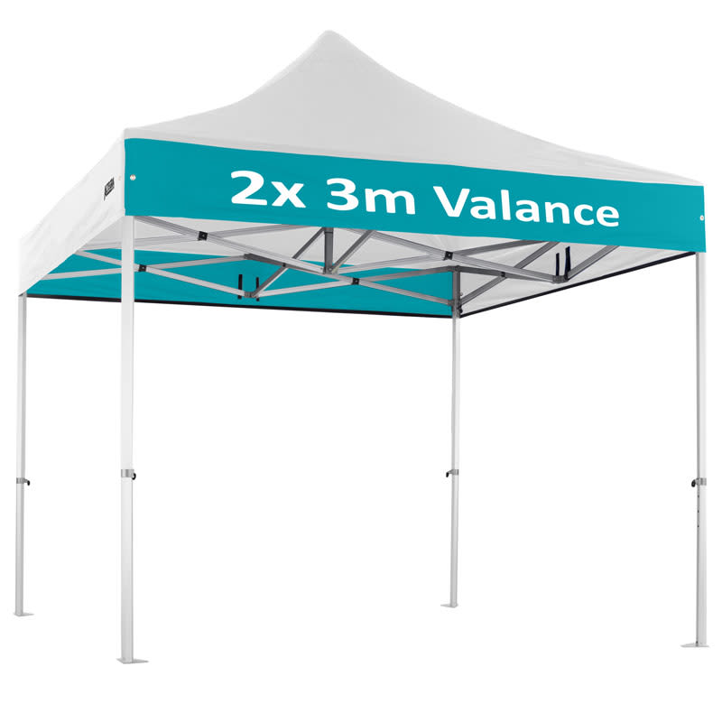 A 3x3m custom aluminium gazebo with a white canopy and a teal valance, featuring a metal frame and adjustable legs.