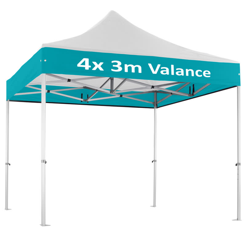 A 3x3m custom aluminium gazebo with a white canopy and teal valance, featuring a framework and a logo.