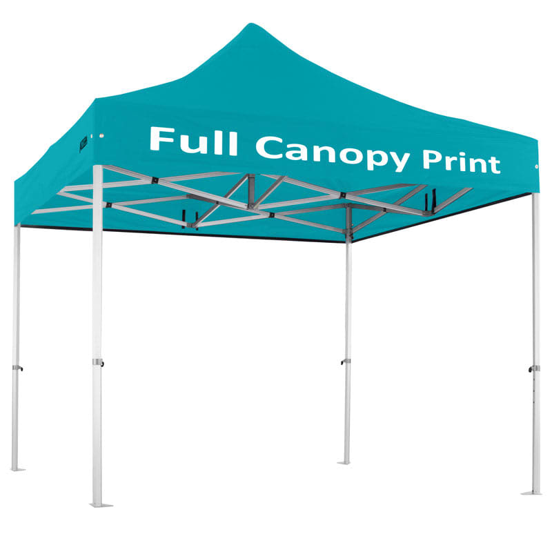 A teal 3x3m custom gazebo with a silver aluminium frame, featuring a printed canopy and a branding logo.