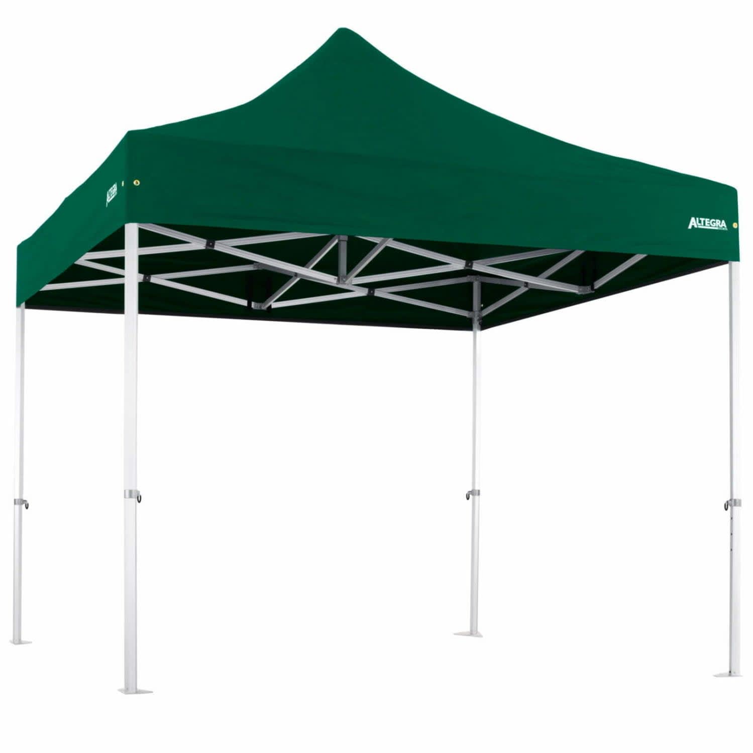 A 3x3m heavy-duty aluminium marquee with a green canopy and white framework. Features a brand logo.