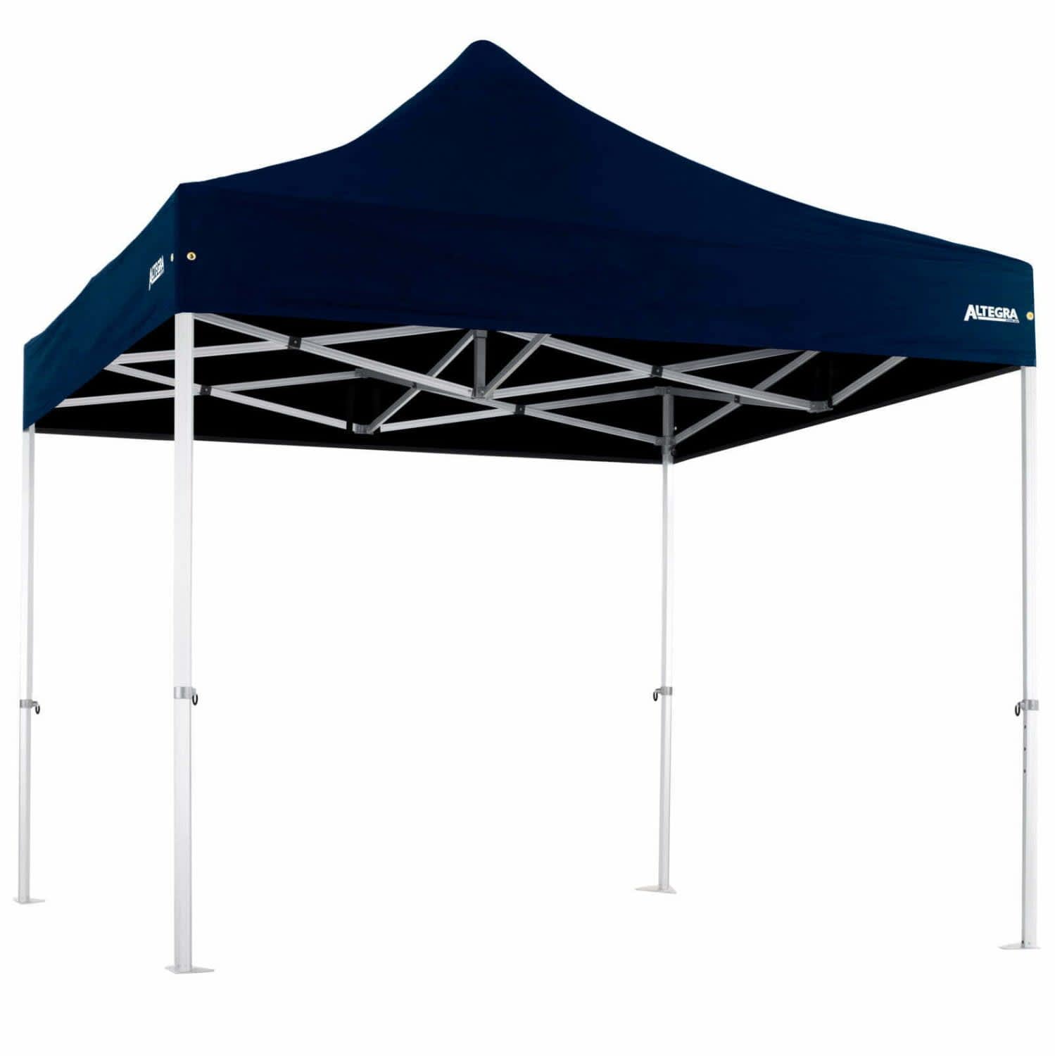 A 3x3m heavy duty aluminium marquee in navy blue with a white framework and a branded logo.