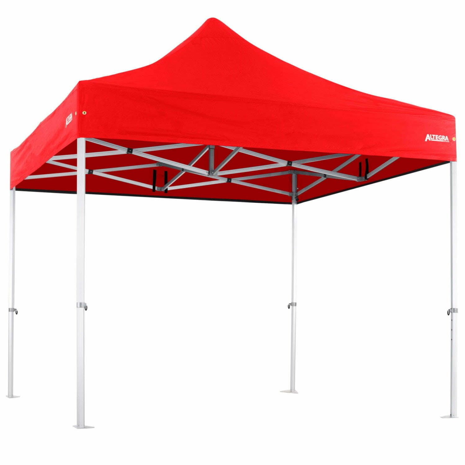 A red 3x3m heavy-duty aluminium marquee with a peaked roof and a sturdy frame. It features a logo on the side.