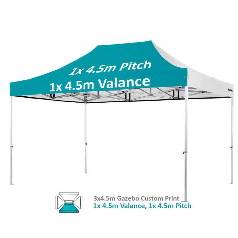 A heavy-duty aluminium marquee in teal and white, featuring a single pitch and valance, with a logo displayed.