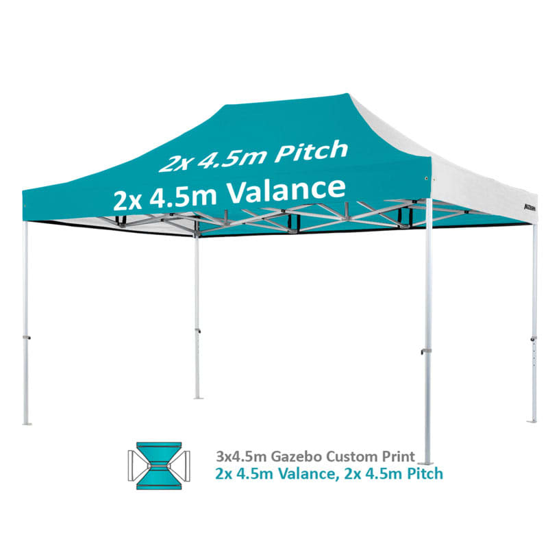 A teal and white custom heavy-duty aluminium marquee with two 4.5m valances and an attached canopy.