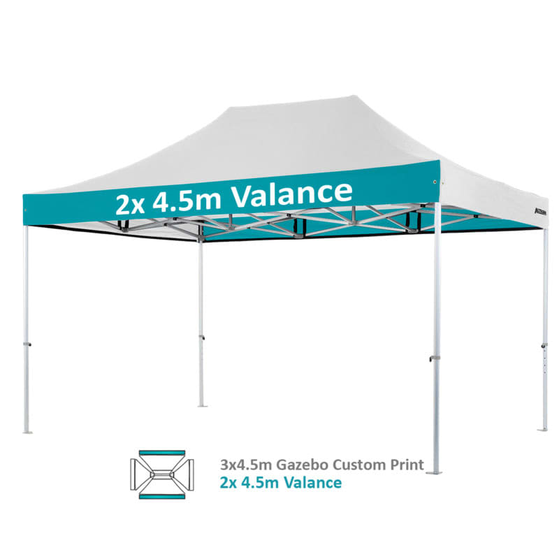 A heavy-duty aluminium marquee in white with a branded canopy, measuring 3x4.5m, featuring valances.