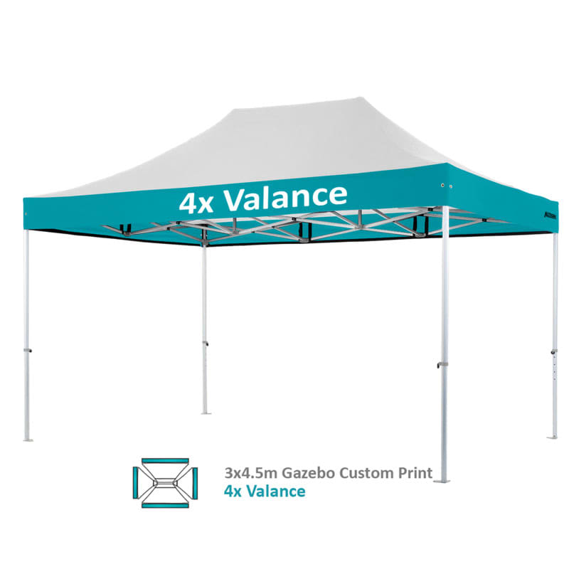 A turquoise and grey custom heavy-duty aluminium marquee with a four-valance design. It features a logo on the canopy.