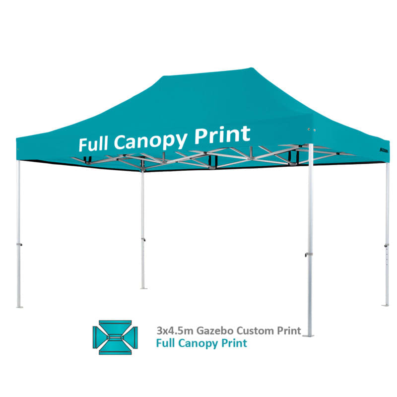 A turquoise heavy-duty aluminium marquee with a custom printed canopy, featuring a branded logo.