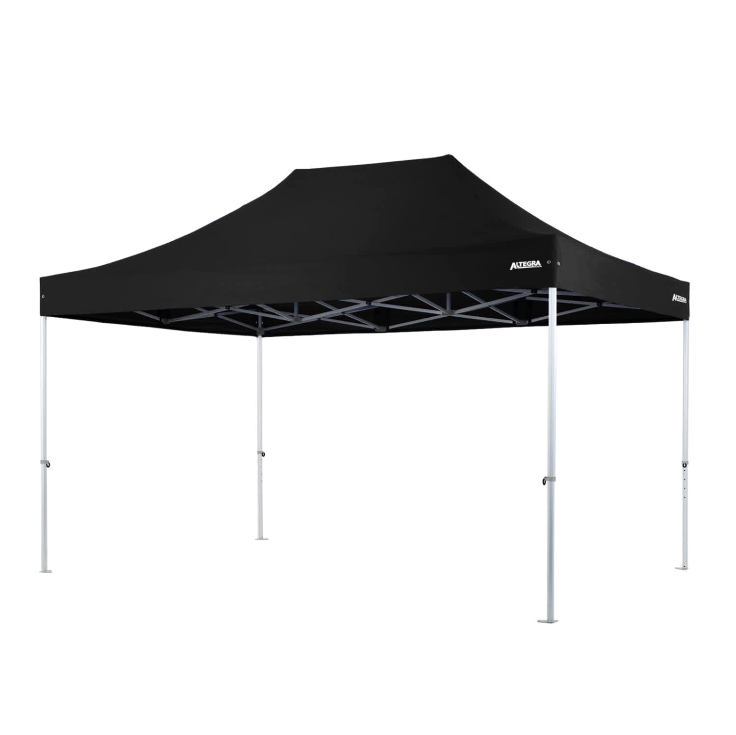 A black, heavy-duty aluminium gazebo featuring a peaked roof and silver legs, with a logo visible on one side.