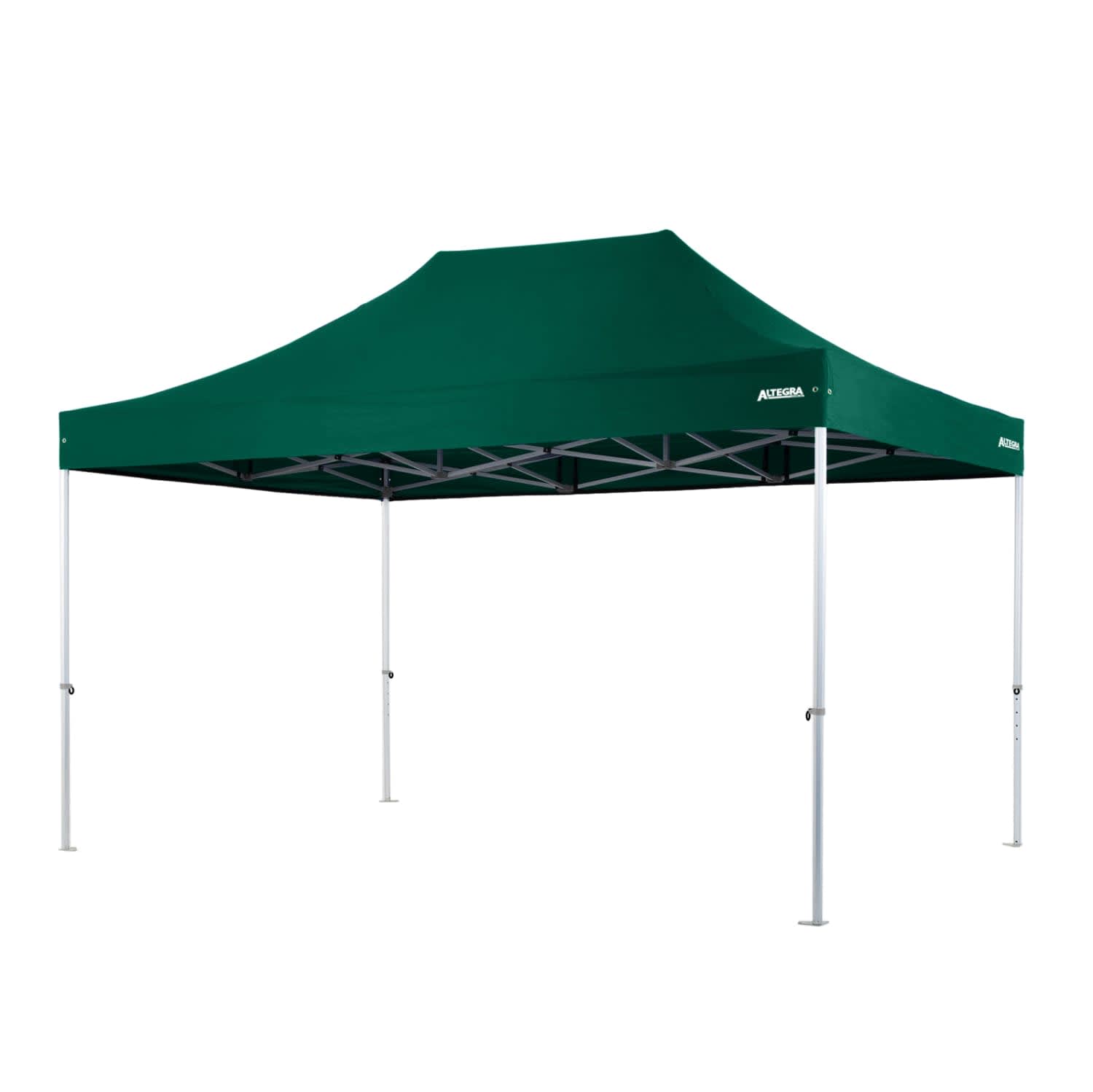 A green heavy duty aluminium gazebo with a peak roof and white legs, featuring a logo on the canopy.