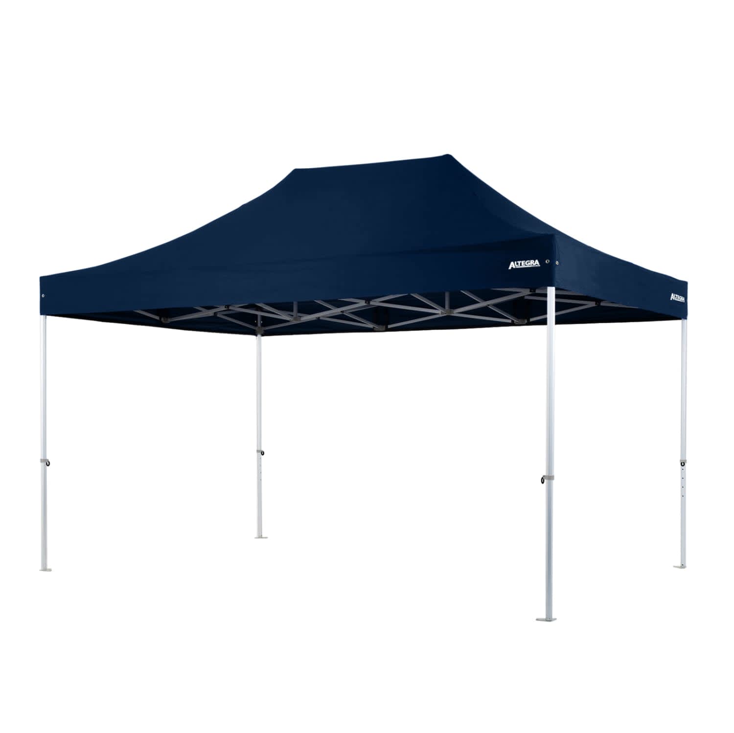 A heavy duty aluminium gazebo in navy blue with a peaked roof and four supporting legs. It features a logo on the side.