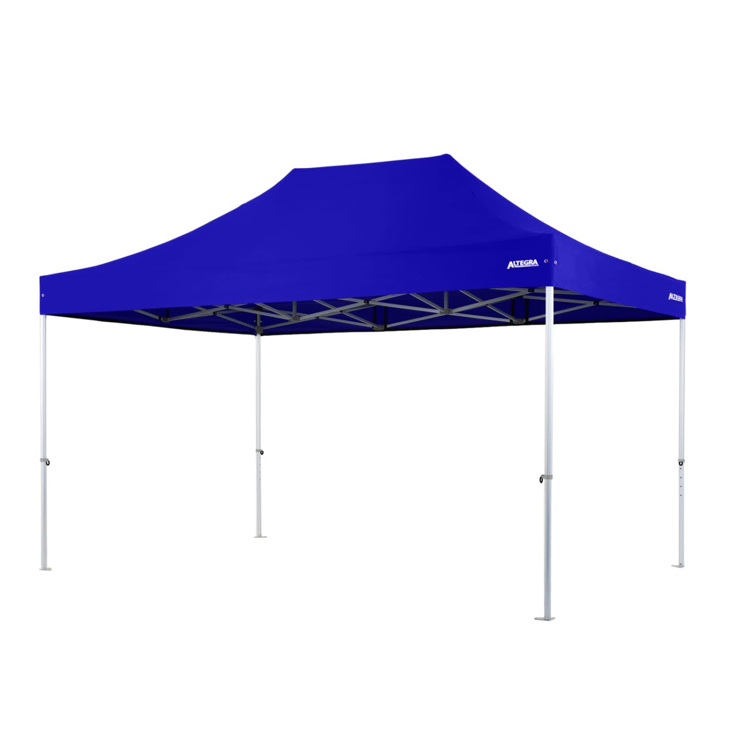 A blue heavy duty aluminium gazebo with a peaked roof and white poles, designed for outdoor use.