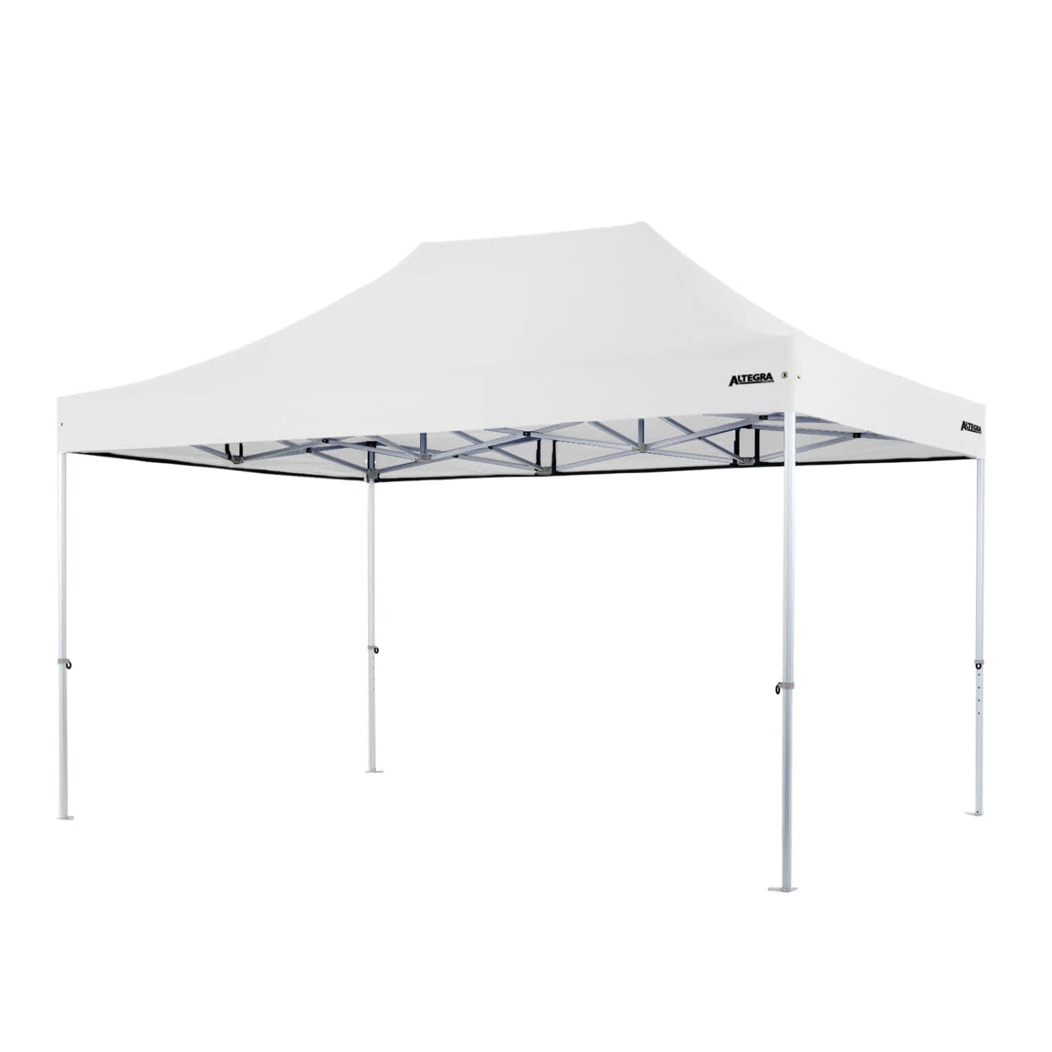 A heavy-duty aluminium gazebo in white, featuring a peaked roof and sturdy frame with multiple supports.