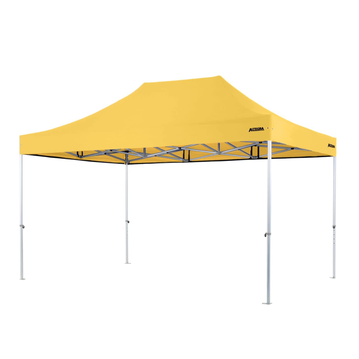 A yellow 3x4.5m heavy-duty aluminium gazebo with a white frame and a sturdy design, featuring a logo.