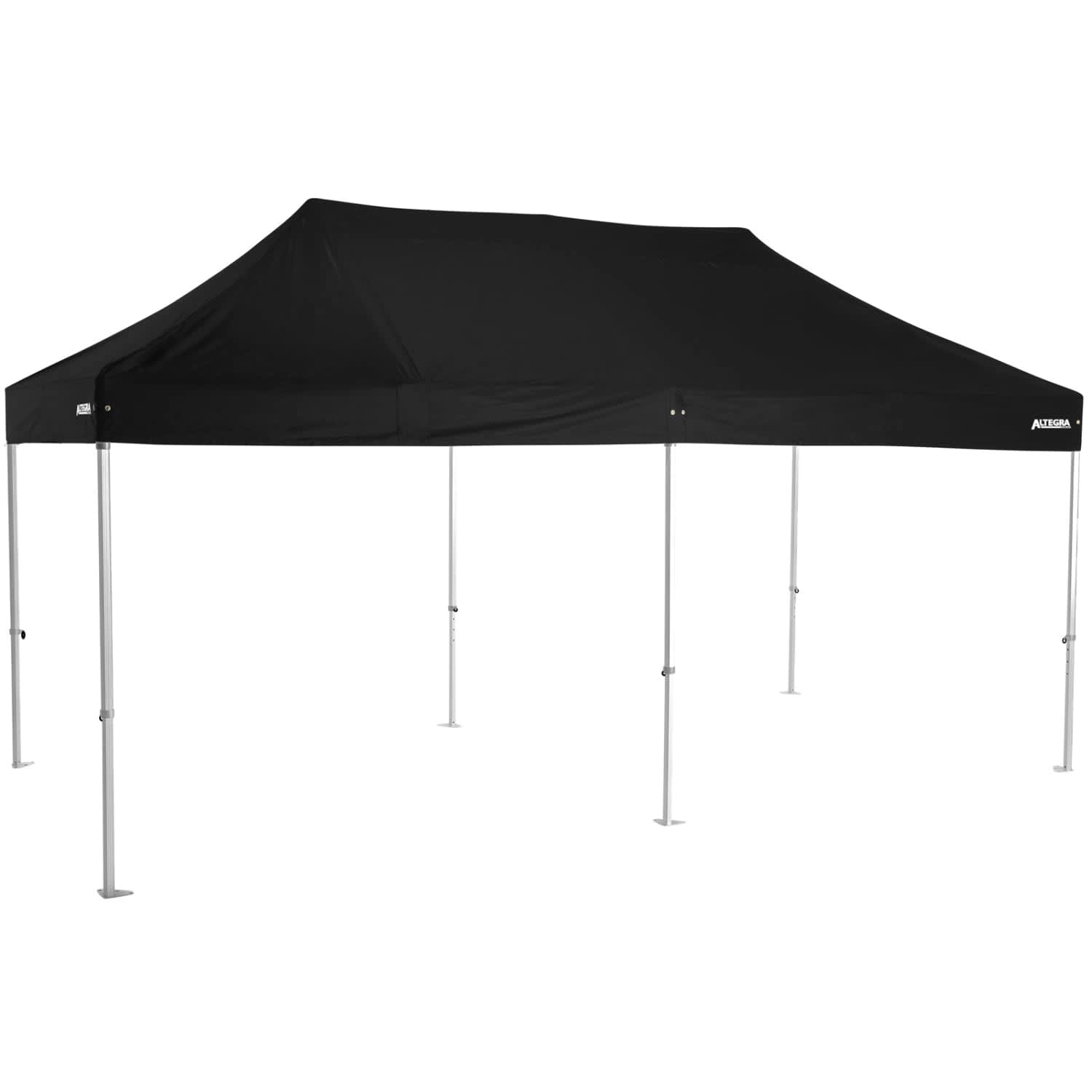 A black heavy-duty aluminium folding event marquee with a peaked roof and adjustable legs. It has a logo on one side.
