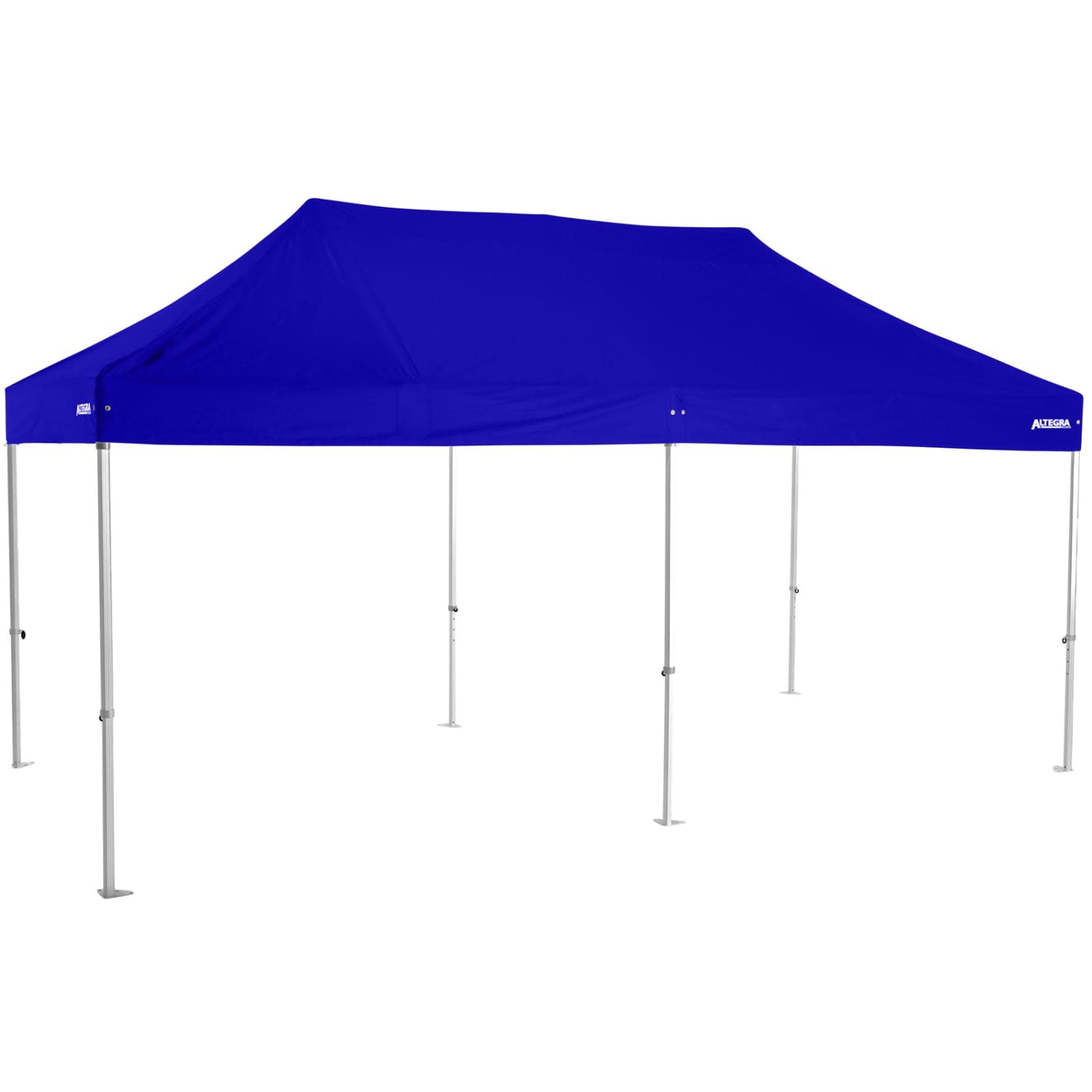 A blue 3x6m heavy-duty aluminium folding event marquee with a sturdy frame and silver legs. It has a logo on the side.