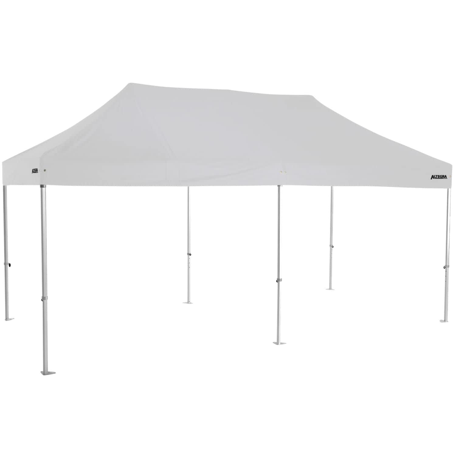 A white heavy-duty aluminium folding event marquee with adjustable legs, featuring a simple design and a branding logo.