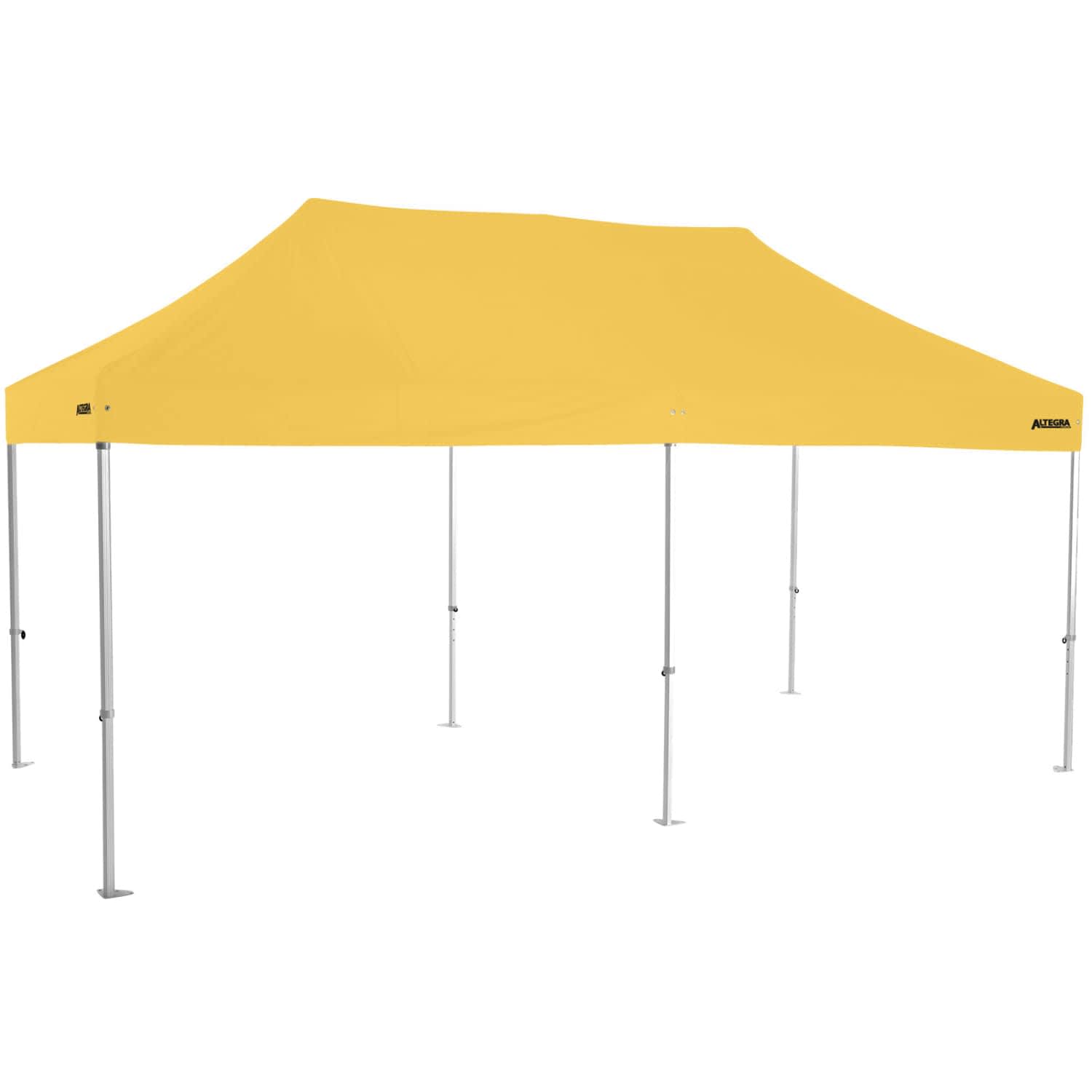 A yellow heavy-duty aluminium folding event marquee with a peaked roof and adjustable legs. It features a logo.