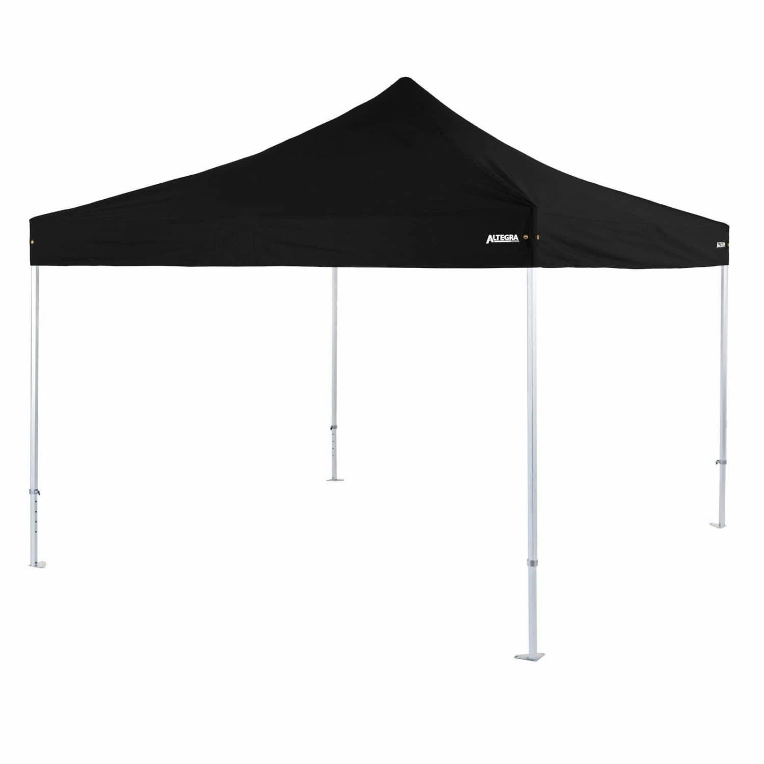 A black 4x4m heavy-duty aluminium folding marquee with a peaked roof and a branding logo.