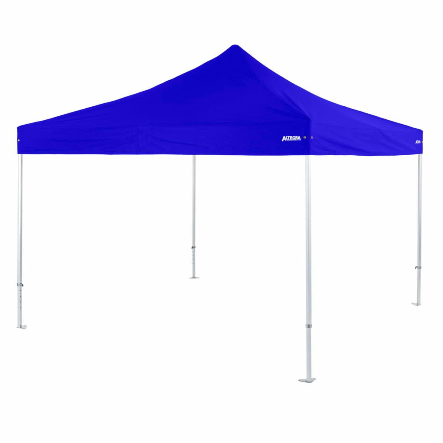 A blue heavy-duty aluminium folding marquee with a peaked roof and adjustable legs. It features a logo.