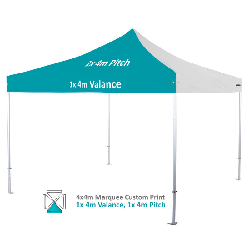 A 4x4m heavy-duty aluminium marquee with a turquoise and white canopy, featuring a visible logo.