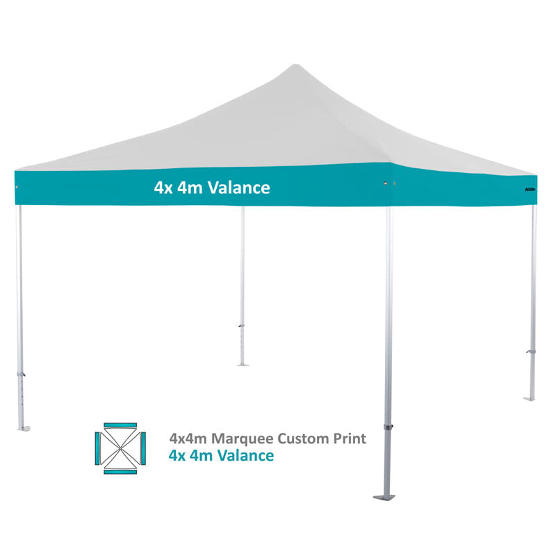 A heavy-duty aluminium marquee in white with a teal valance and a logo. It has an peaked roof and four legs.