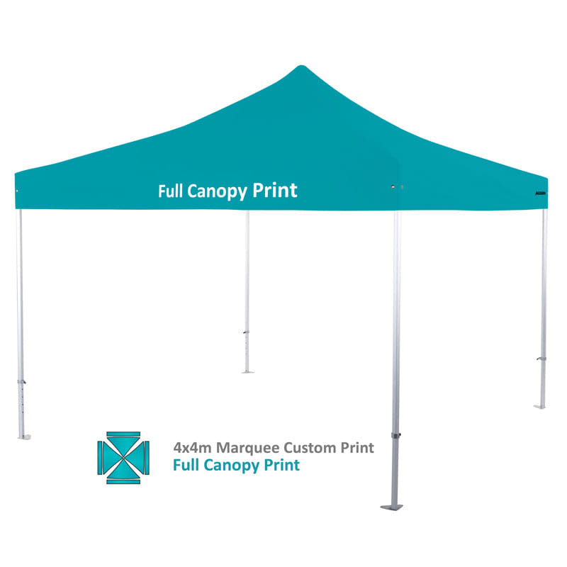 A teal custom heavy-duty aluminium marquee with a peaked roof and a logo on the side.
