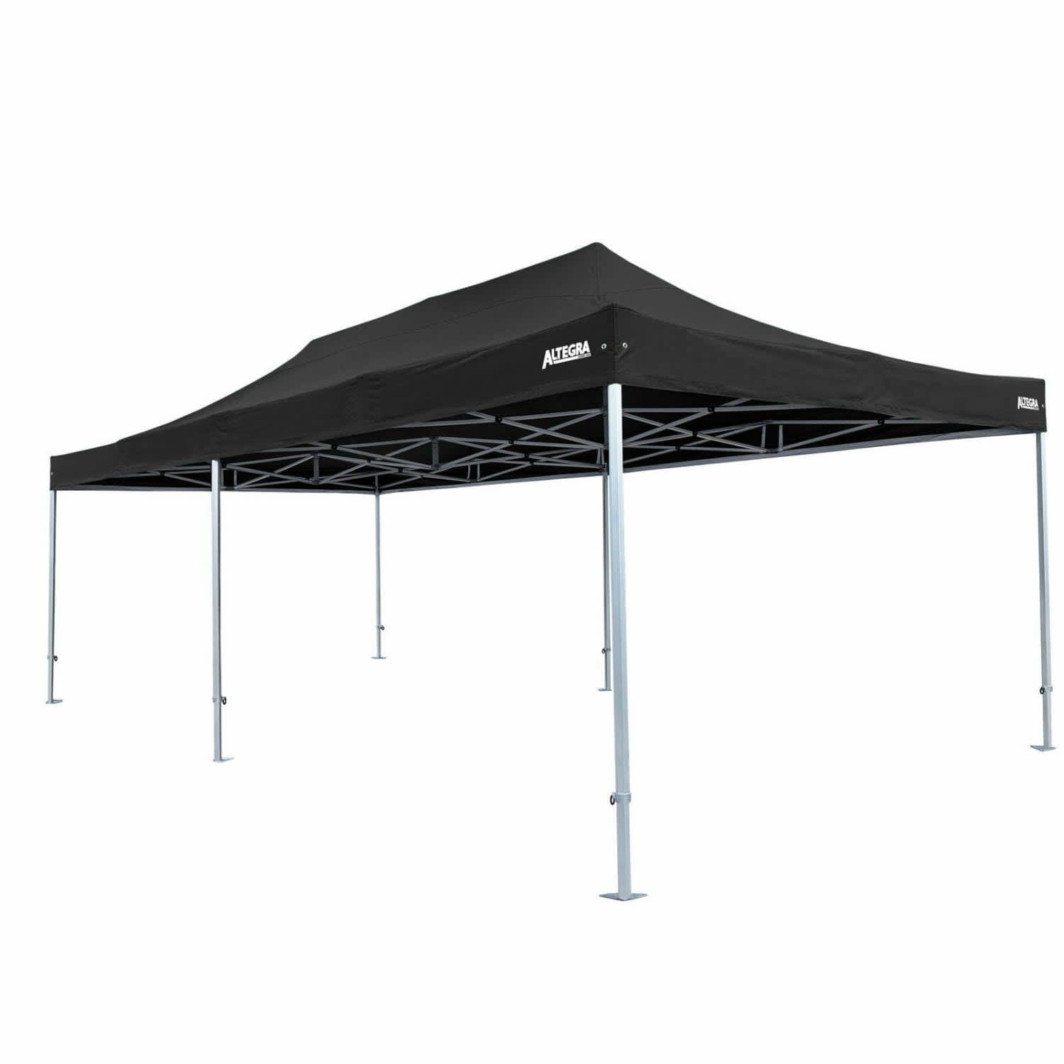 A black heavy-duty aluminium folding event marquee with a sturdy frame and a spacious canopy design.