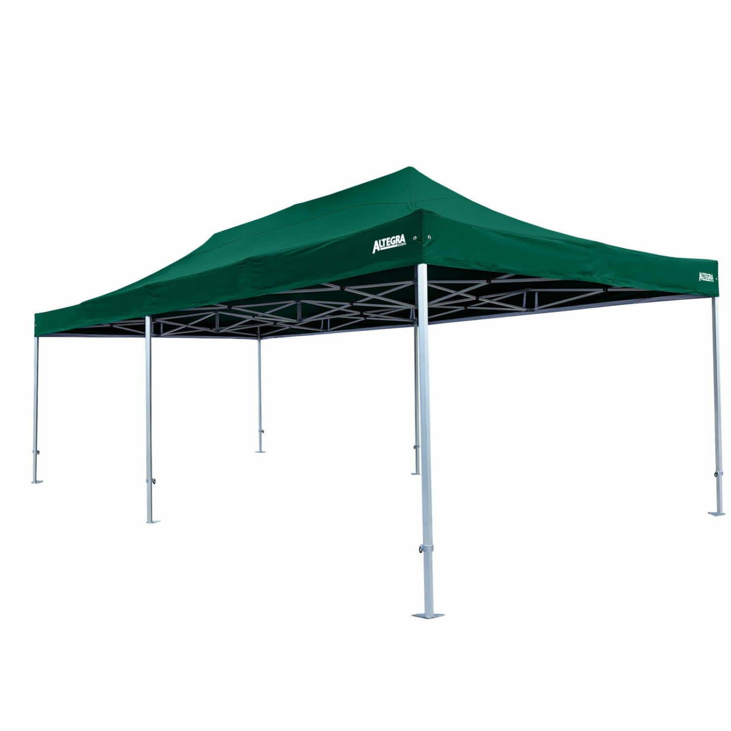 A green, heavy-duty aluminium folding event marquee with a spacious frame and a canopy top. It features a logo.