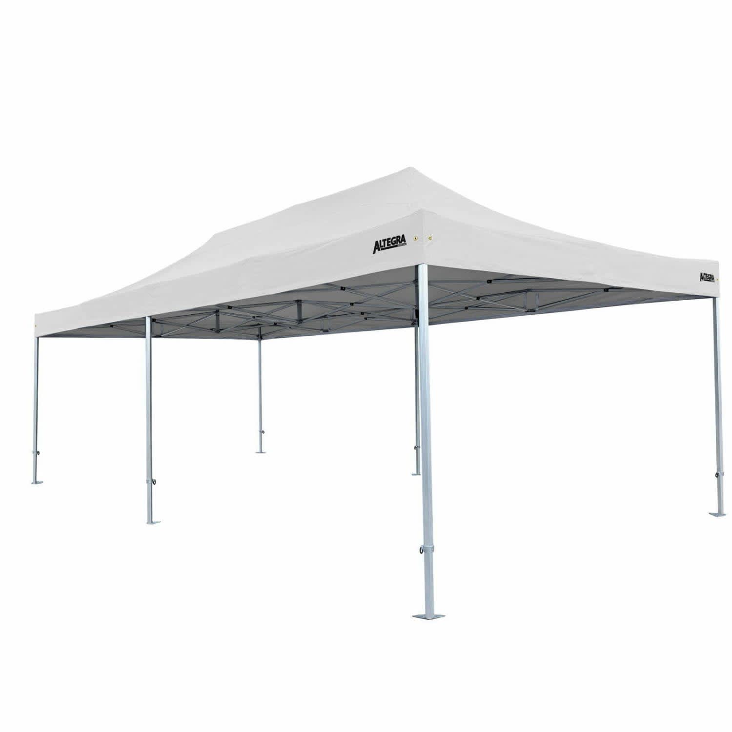 A heavy duty white aluminium folding event marquee with a sturdy frame and a logo on one side.