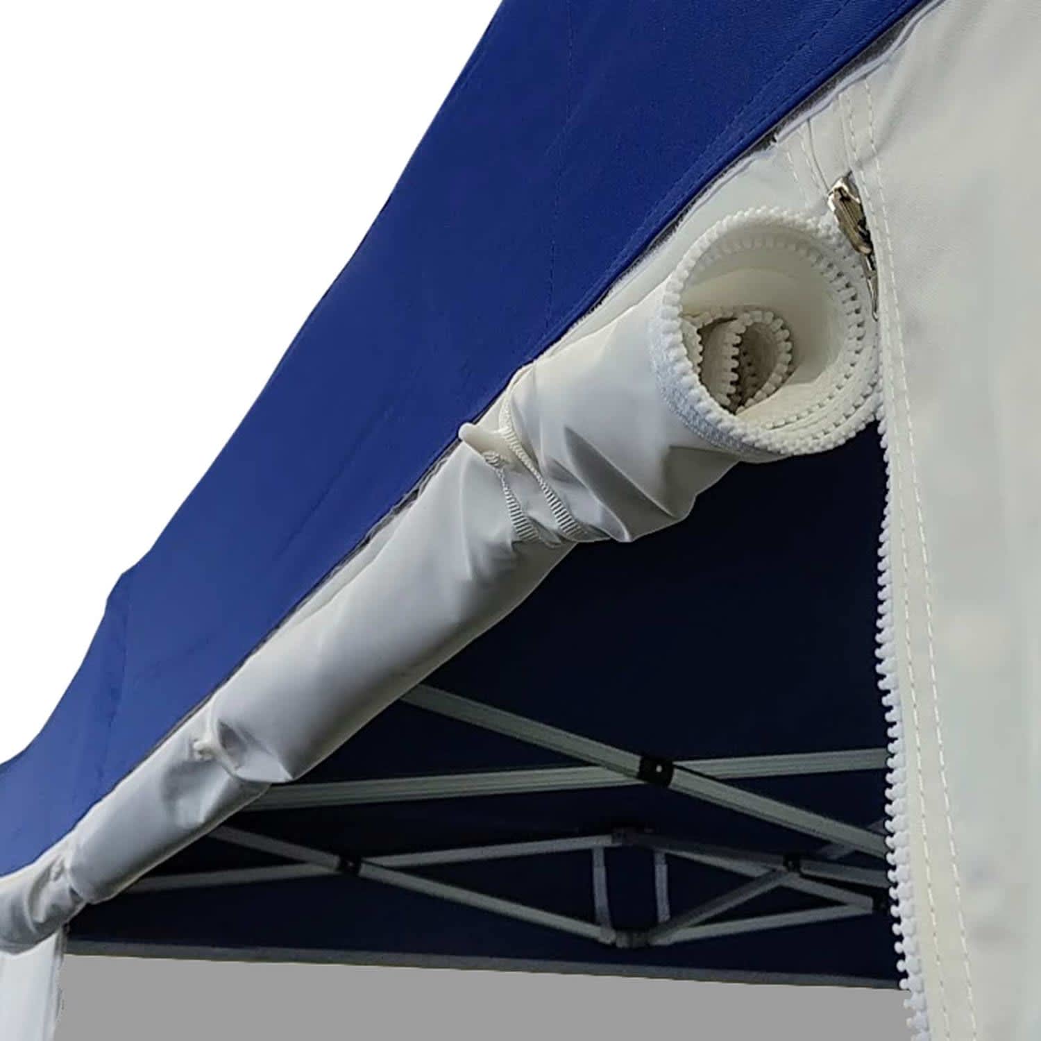 A close-up of a blue gazebo canopy featuring a zipper detail and a white trim. The structure is lightweight and portable.