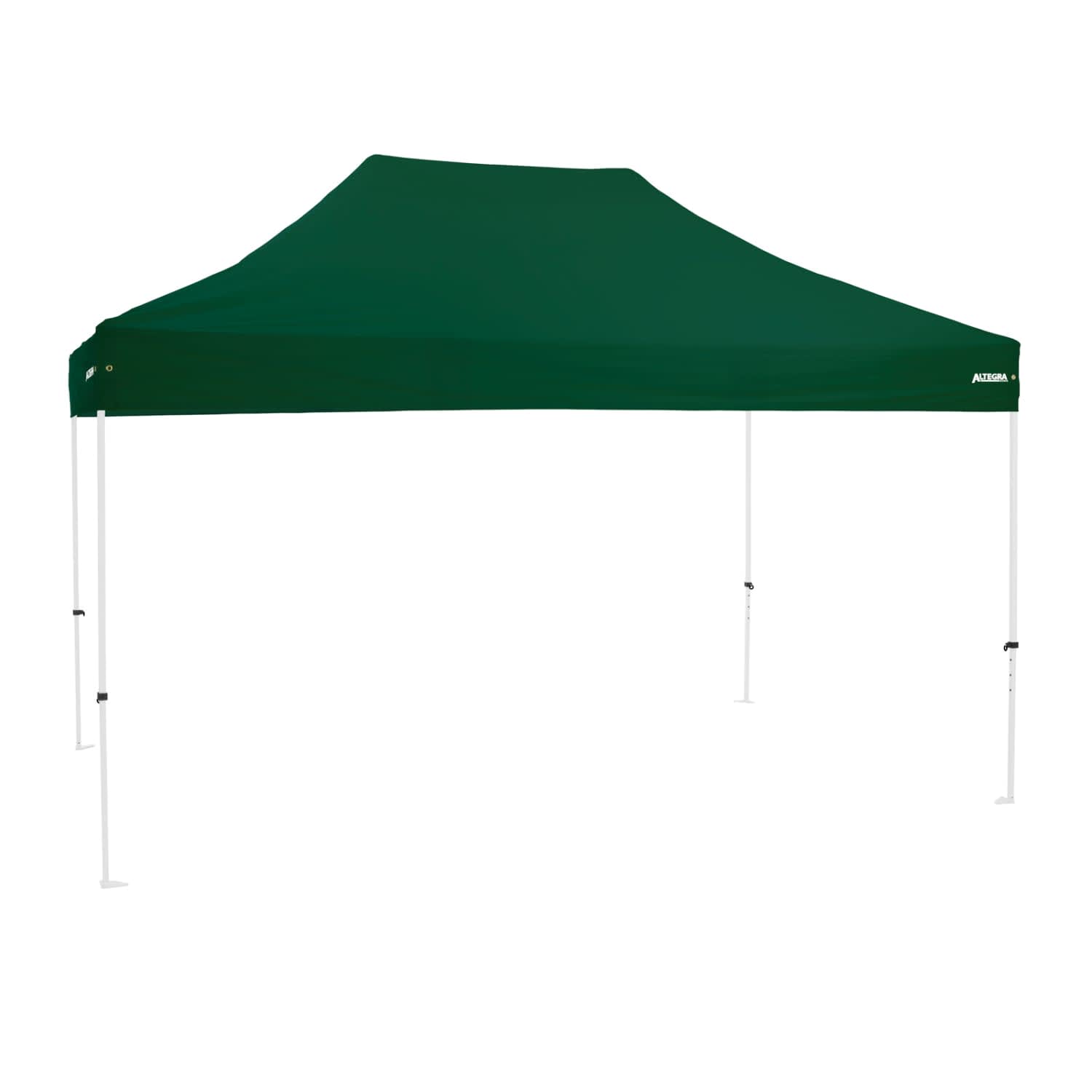 A green, premium steel gazebo with a peaked roof and white legs, featuring a logo on one side.