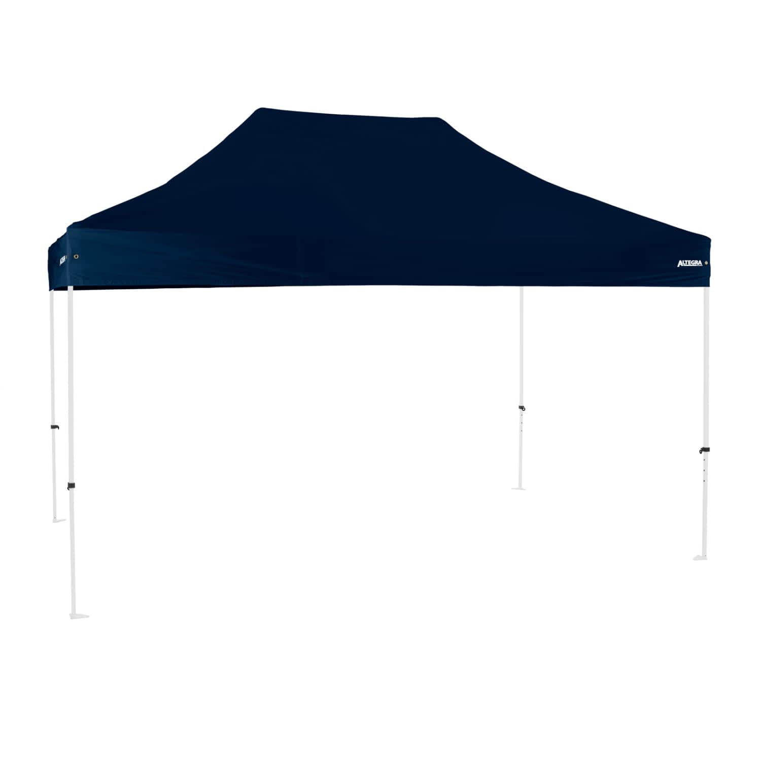 A dark blue premium steel gazebo with a peaked roof and white metal legs, featuring a branding logo.