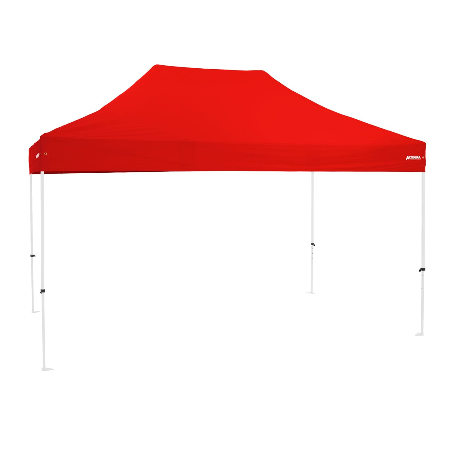 A red premium steel gazebo with a peaked roof and white legs, featuring a logo on the side.