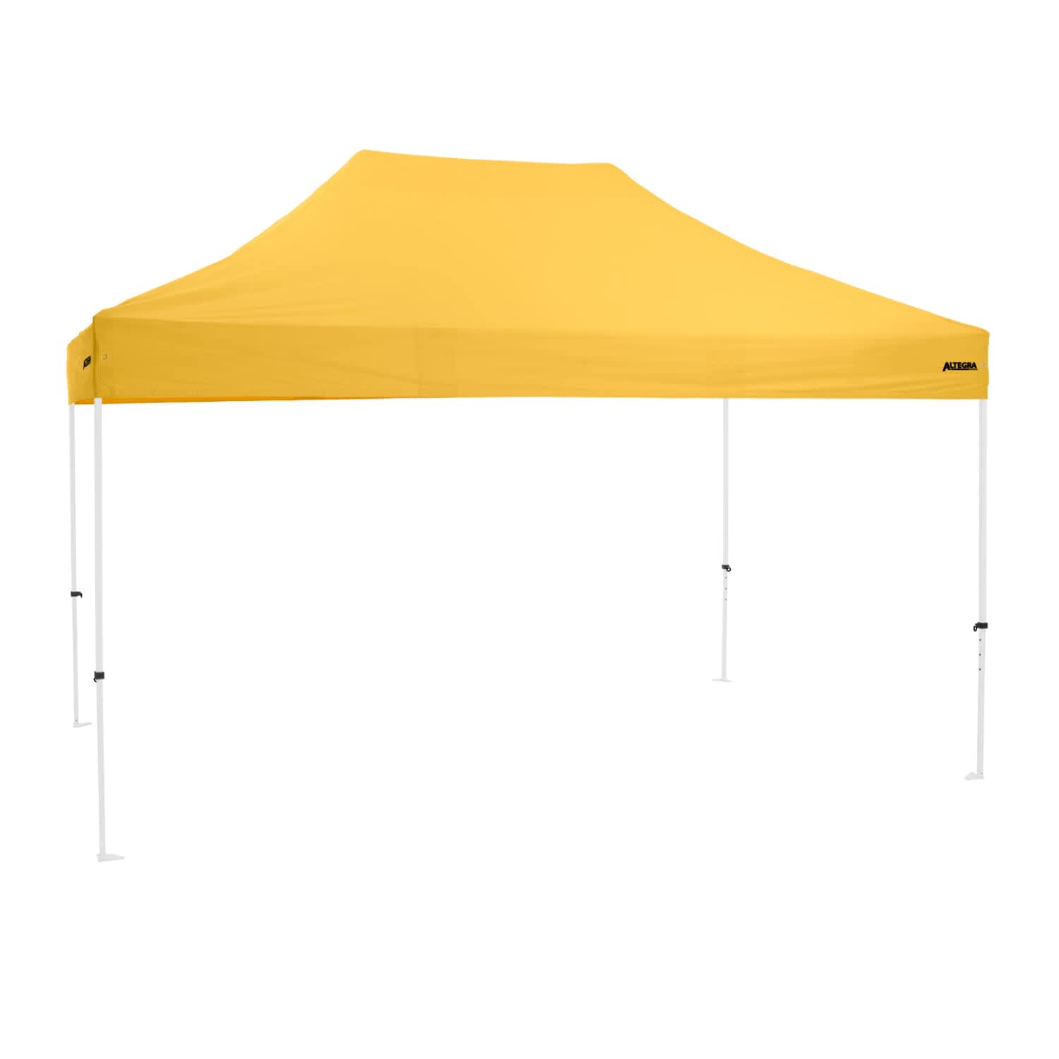 A yellow premium steel gazebo with a sleek, canopy top and white legs, featuring a logo on one side.