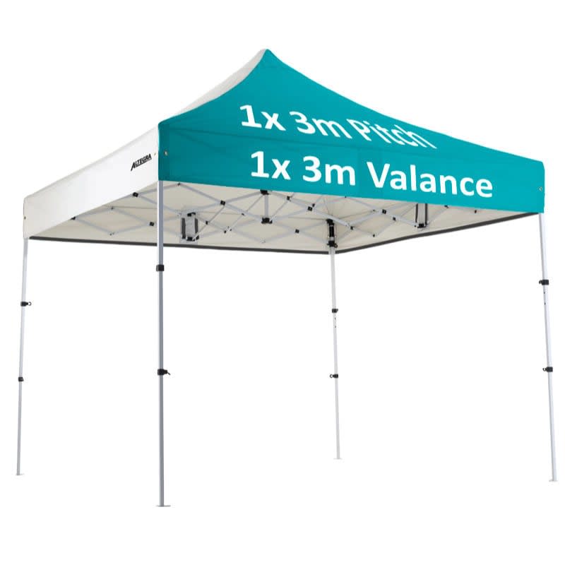 A 3x3m custom aluminium gazebo featuring a white canopy with a teal border and a logo.