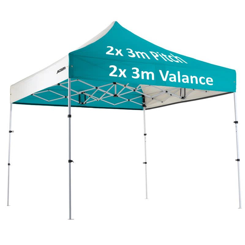 A green and white 3x3m custom aluminium gazebo with a structural frame and a logo.