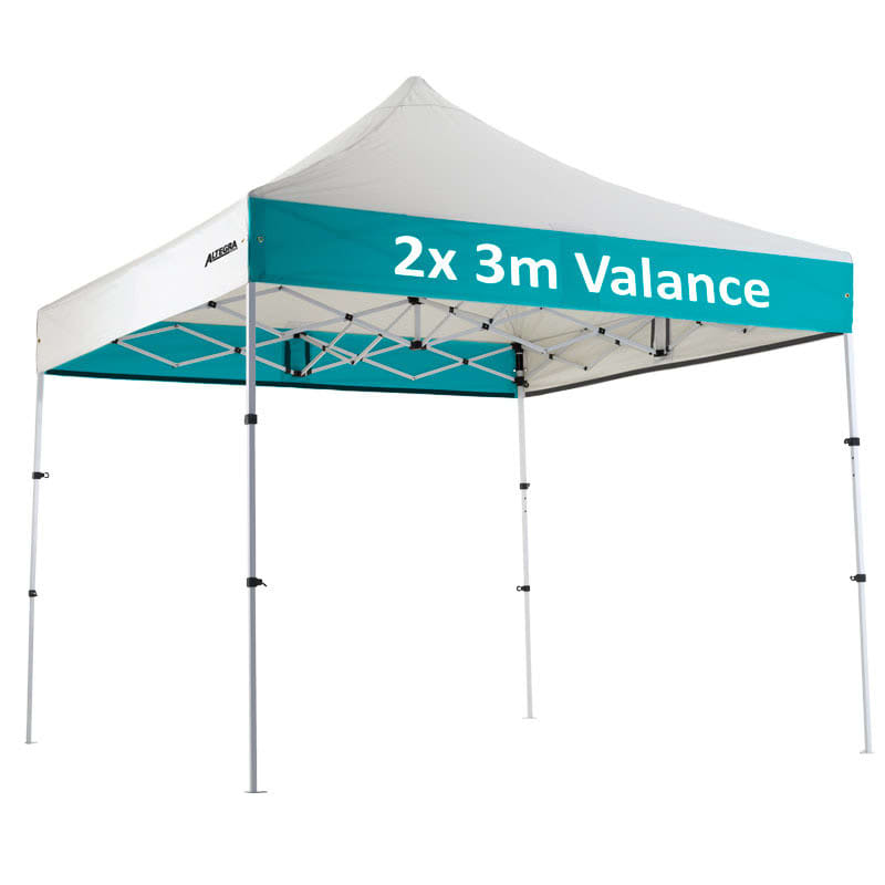 A compact, teal and white 3x3m aluminium gazebo with a valance and a structured canopy. It features a logo on the side.