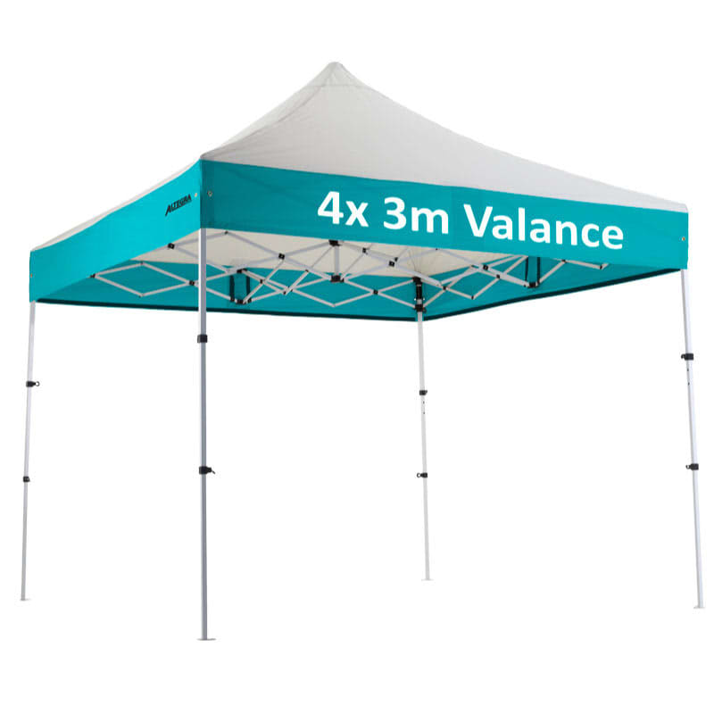 A teal and white 3x3m custom aluminium gazebo with a sloped roof and four valances. It has a logo on one side.