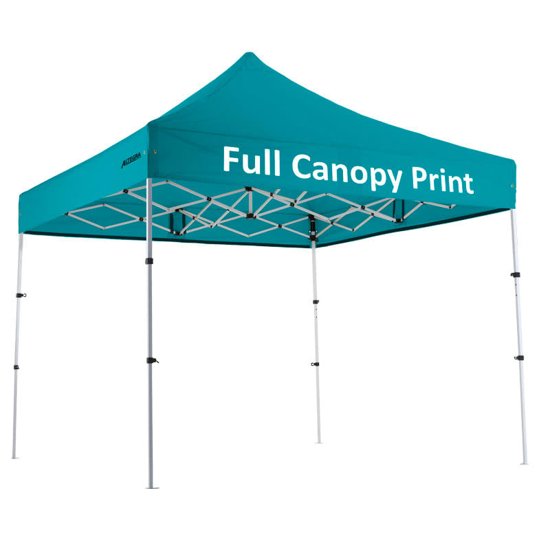 A teal aluminium gazebo with a full canopy print and white branding, set on adjustable legs in a square shape.