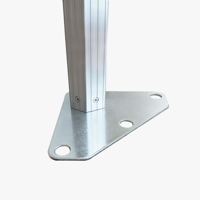 A silver aluminium leg with a triangular metal base, featuring holes for secure attachment.