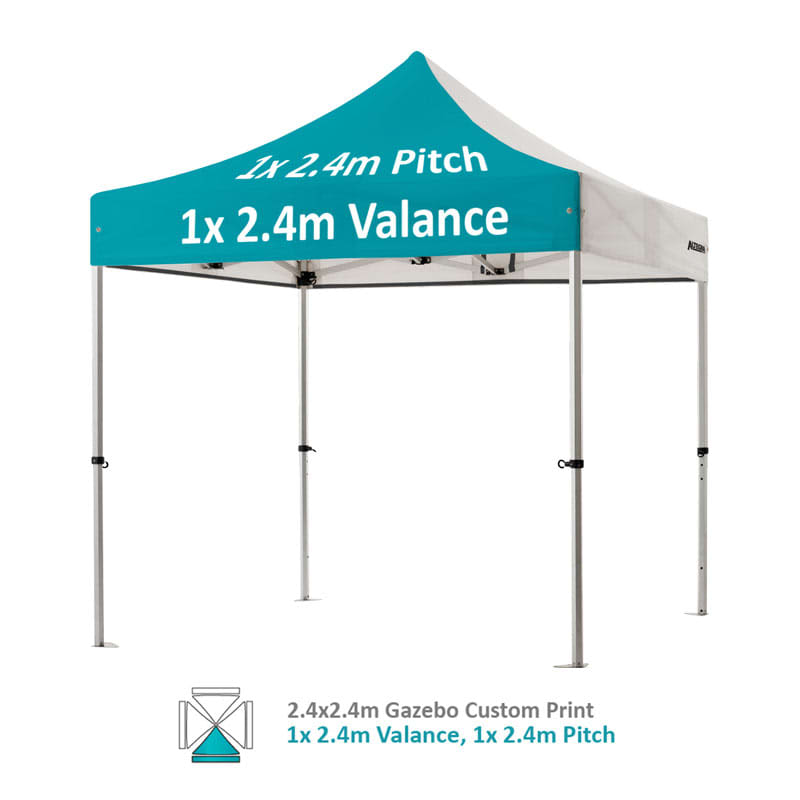 A 2.4x2.4m custom aluminium gazebo in teal, featuring a peaked roof and a valance, with a branding logo.