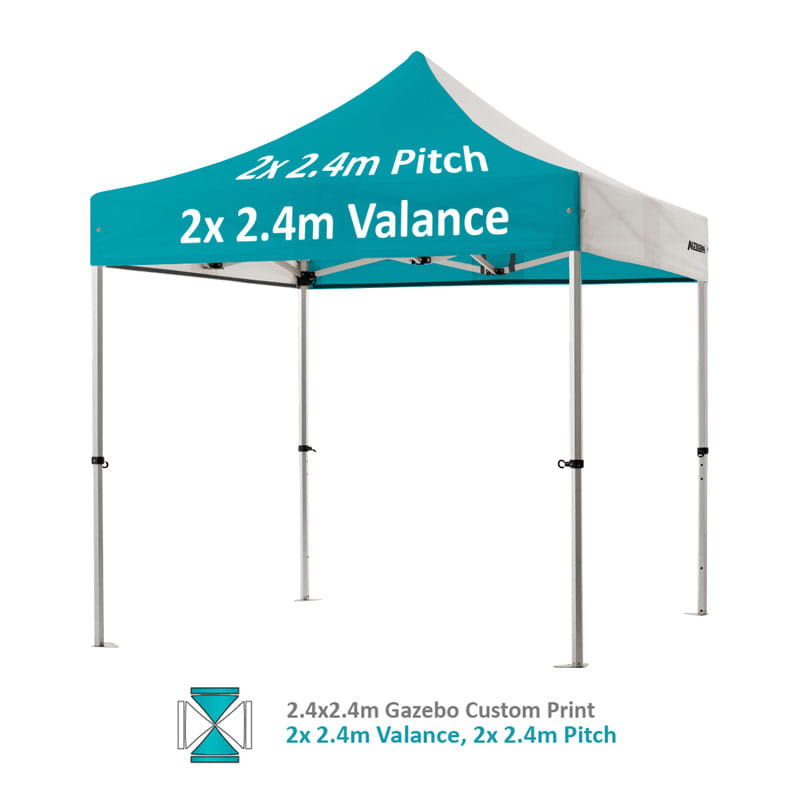 A turquoise and white aluminium gazebo with a custom print canopy and valances. It features a logo.