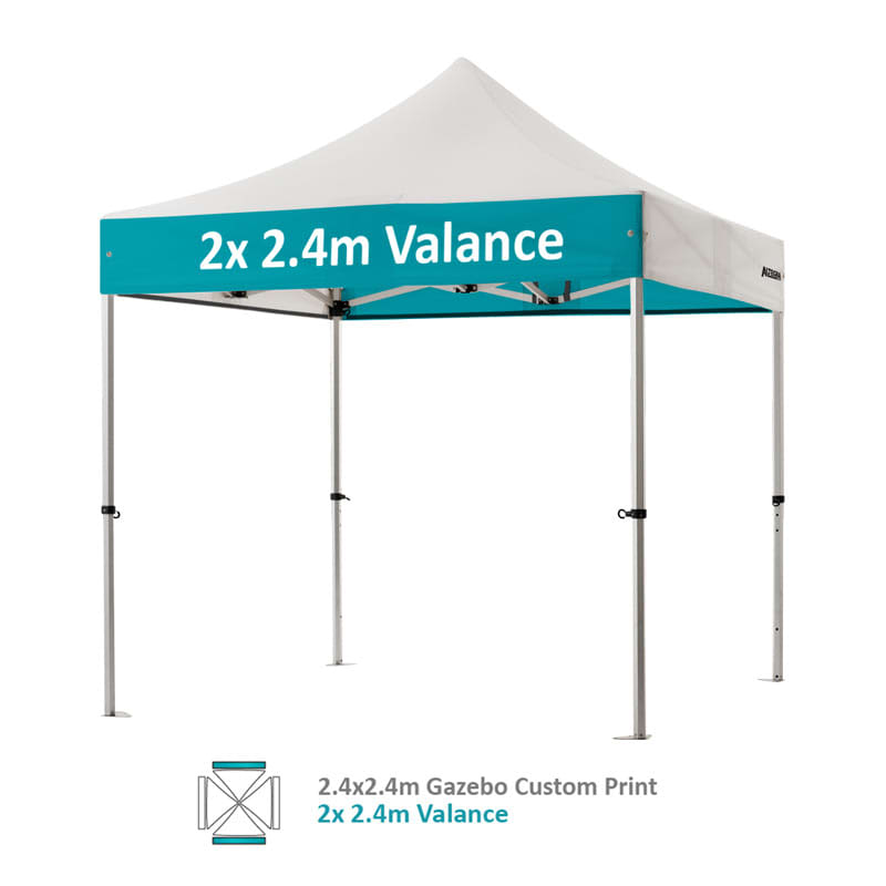 A white aluminium gazebo with a teal valance, featuring a logo on the side. Measures 2.4x2.4m.