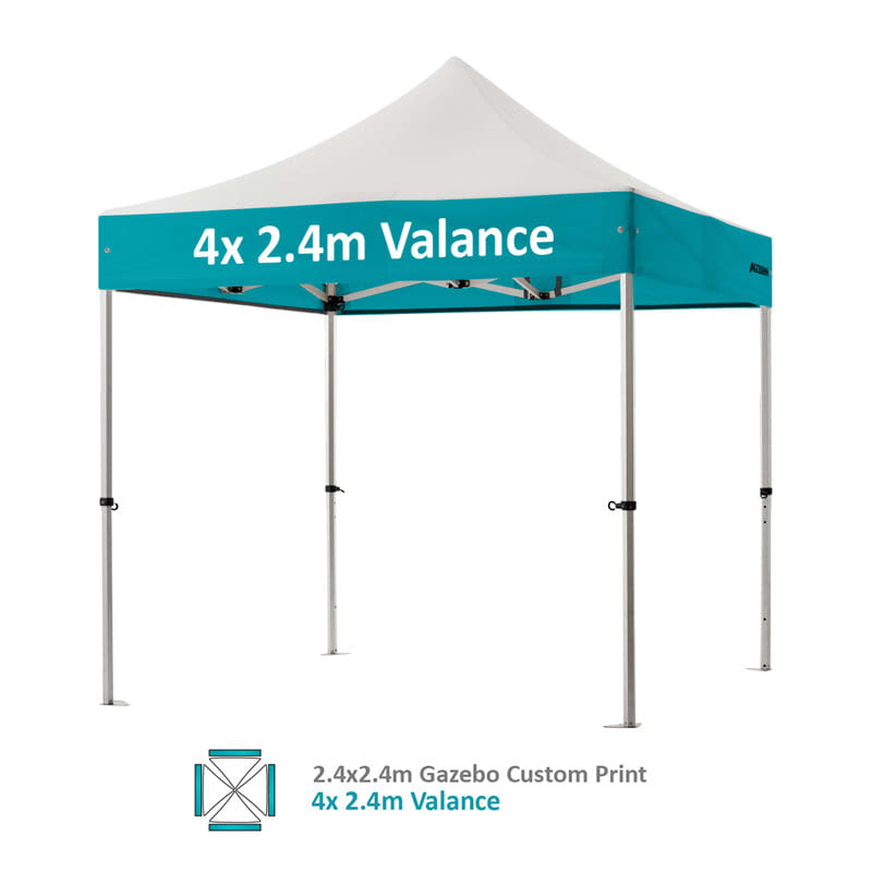 A 2.4x2.4m custom aluminium gazebo featuring a teal canopy and a white peak, with a printed valance and a logo.