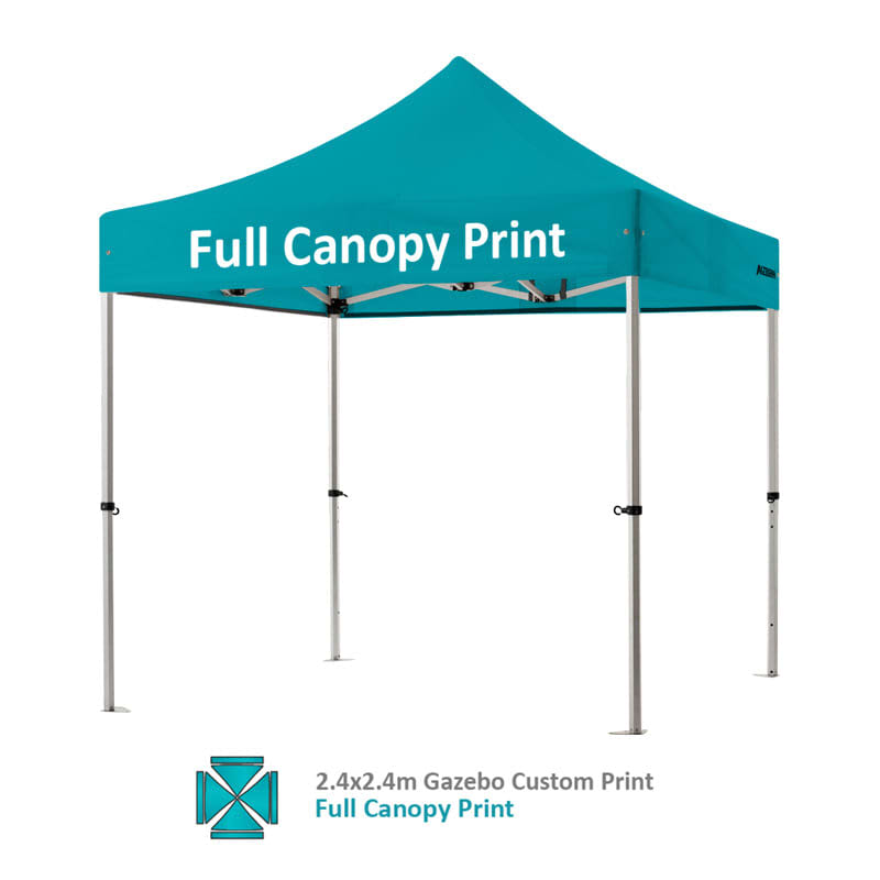 A turquoise custom gazebo with a peaked roof and a metal frame, featuring a logo on the canopy.