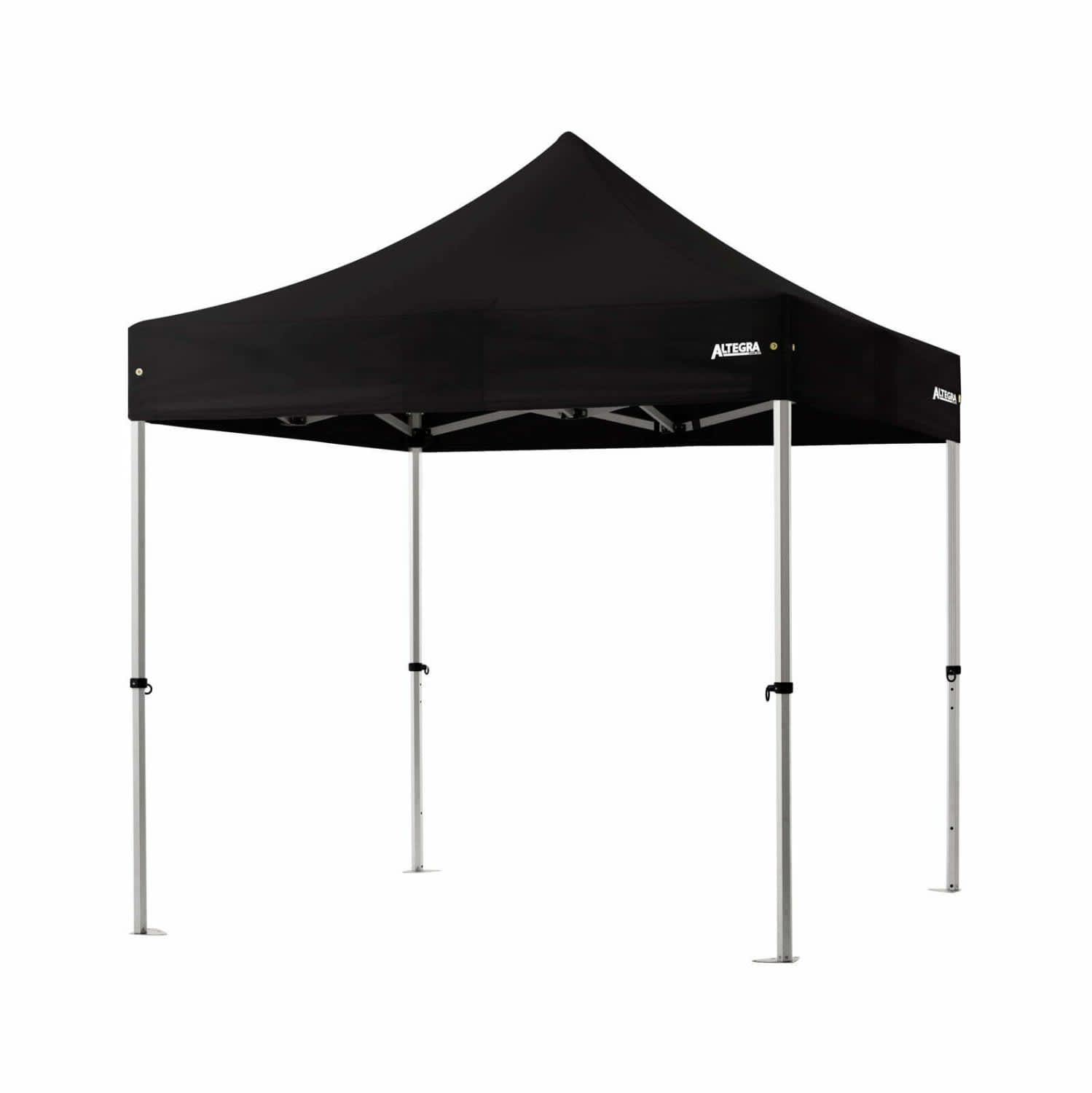 A black 2.4 x 2.4m Pro Lite lightweight aluminium gazebo with a peaked roof and a white logo.