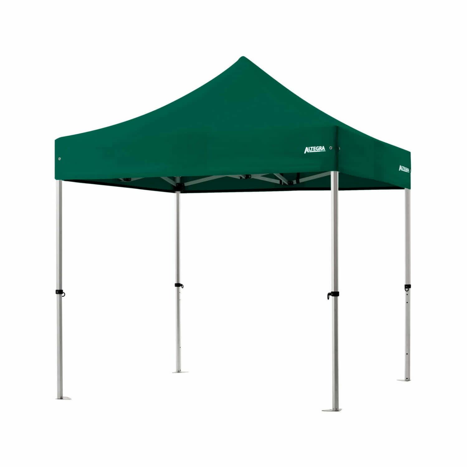 A green 2.4 x 2.4m Pro Lite lightweight aluminium gazebo with a peaked top and a silver frame.
