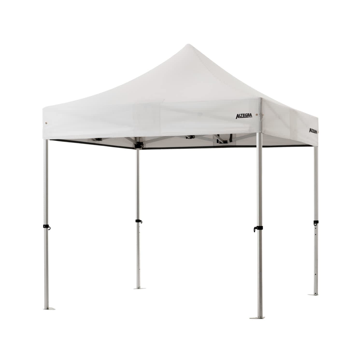 A white 2.4 x 2.4m Pro Lite lightweight aluminium gazebo with a peaked roof and adjustable legs.